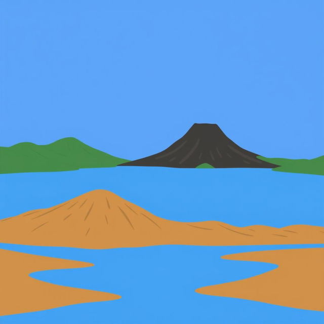 A simplistic illustration of a lake surrounded by mountains and volcanoes