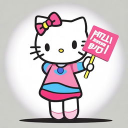 A colorful rendition of the beloved character, Hello Kitty, holding up a sizable sign with enthusiasm.