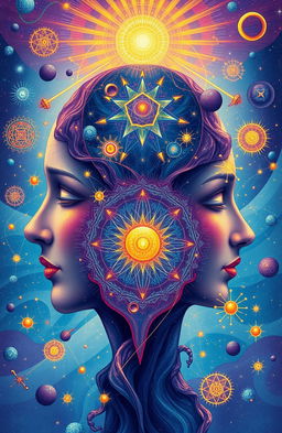 A surreal and vibrant illustration depicting the intersection of quantum physics, psychology, and spirituality