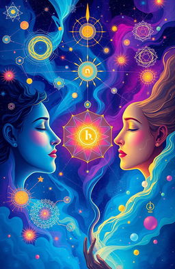 A surreal and vibrant illustration depicting the intersection of quantum physics, psychology, and spirituality