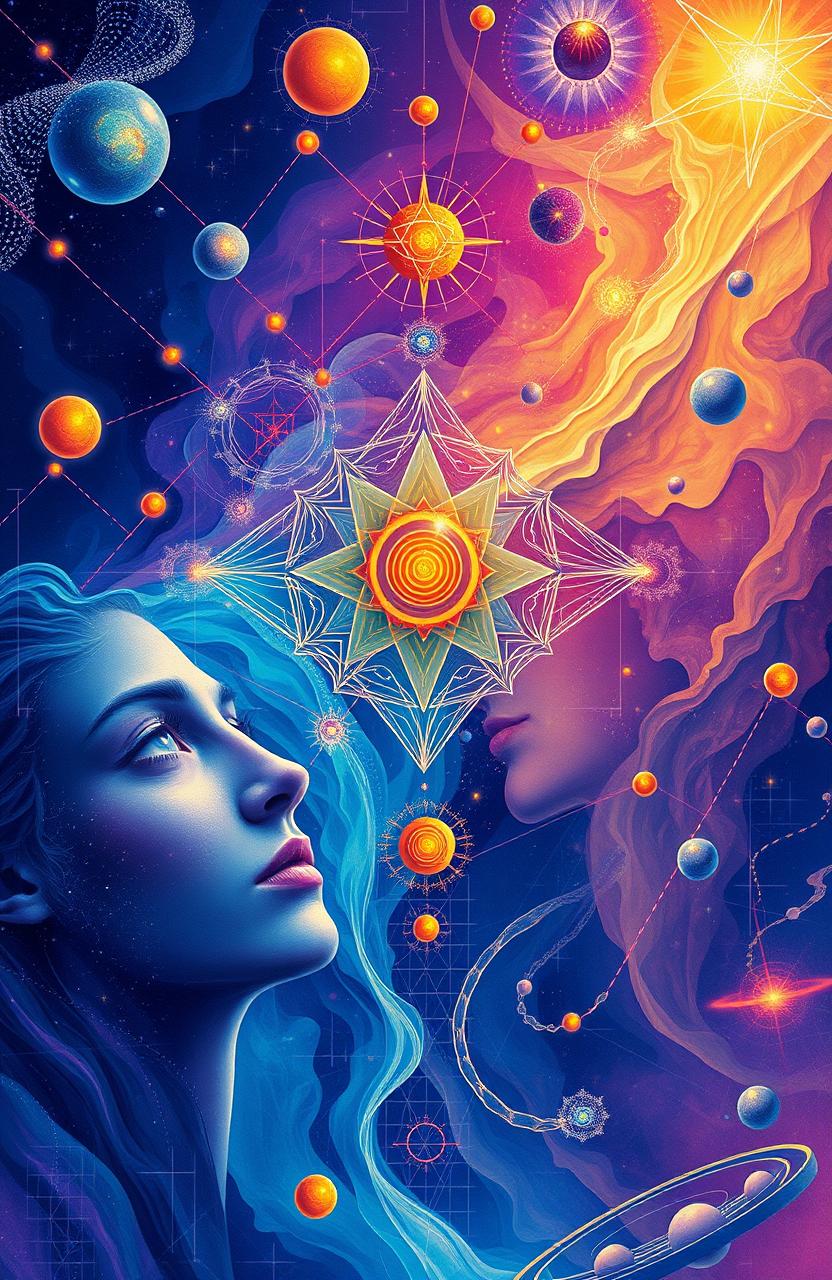 A surreal and vibrant illustration depicting the intersection of quantum physics, psychology, and spirituality