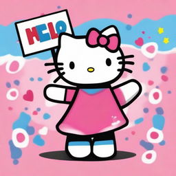 A colorful rendition of the beloved character, Hello Kitty, holding up a sizable sign with enthusiasm.