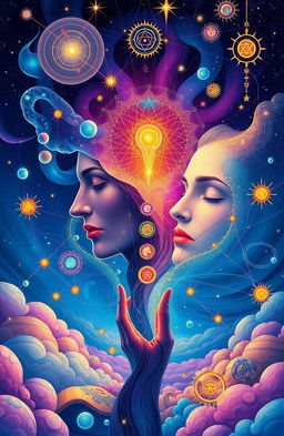 A surreal and vibrant illustration depicting the intersection of quantum physics, psychology, and spirituality