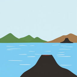 A simple illustration of a lake surrounded by mountains and volcanoes