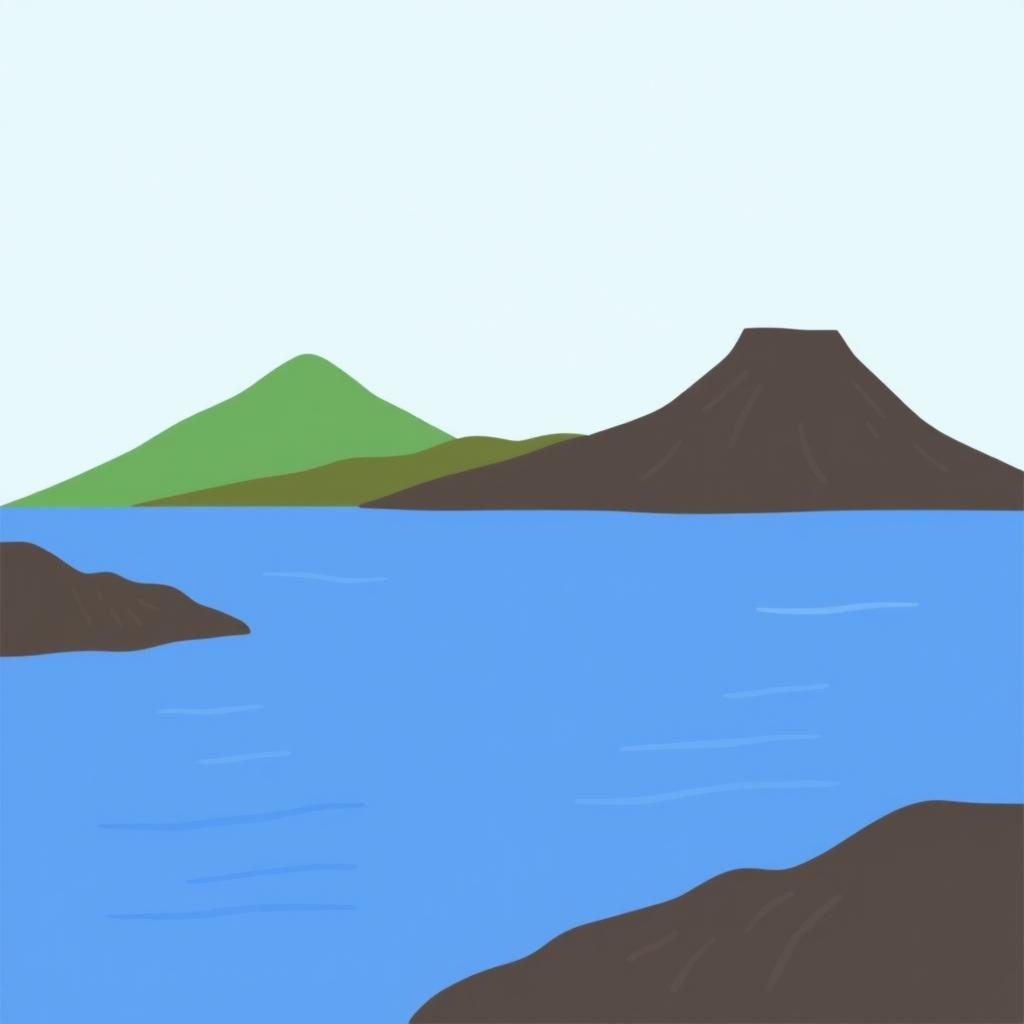 A simple illustration of a lake surrounded by mountains and volcanoes