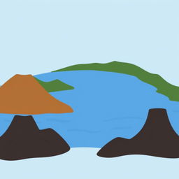 A simple illustration of a lake surrounded by mountains and volcanoes