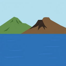 A simple illustration of a lake surrounded by mountains and volcanoes