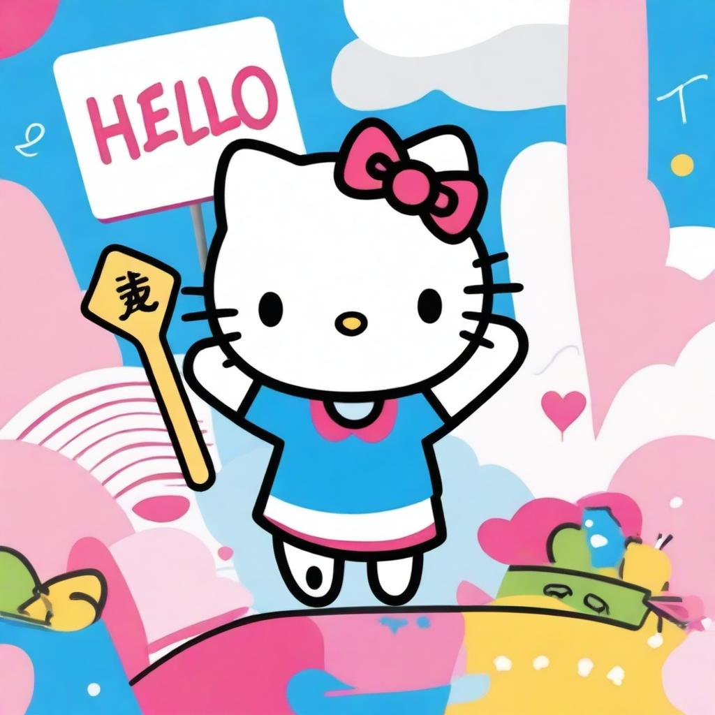 A colorful rendition of the beloved character, Hello Kitty, holding up a sizable sign with enthusiasm.