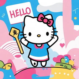 A colorful rendition of the beloved character, Hello Kitty, holding up a sizable sign with enthusiasm.