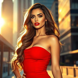 A stunningly beautiful woman with long wavy hair cascading down her shoulders, wearing a figure-hugging red dress that accentuates her curves