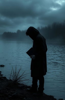 A desolate and solitary figure standing behind a river, holding a book in his hand, embodying deep pain, grief, and sorrow