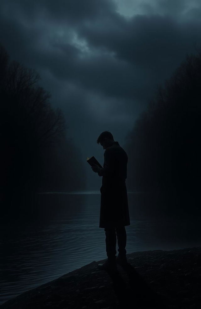 A desolate and solitary figure standing behind a river, holding a book in his hand, embodying deep pain, grief, and sorrow