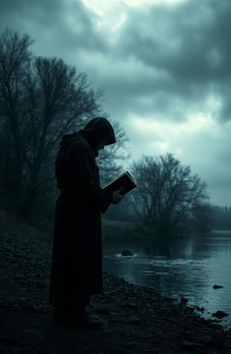 A desolate and solitary figure standing behind a river, holding a book in his hand, embodying deep pain, grief, and sorrow