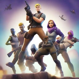 Produce an image featuring a dynamic action scene with characters from the game Fortnite.