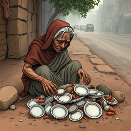 A sad elderly woman, Bhudi Kaki, depicted in a traditional Indian setting, struggling to find food from a pile of discarded plates (झूठी पत्तल) and waste
