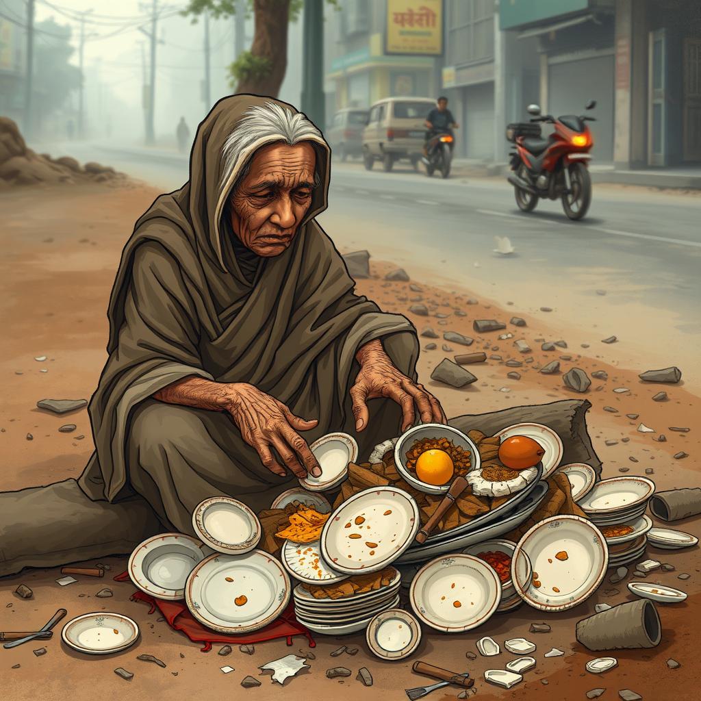 A sad elderly woman, Bhudi Kaki, depicted in a traditional Indian setting, struggling to find food from a pile of discarded plates (झूठी पत्तल) and waste