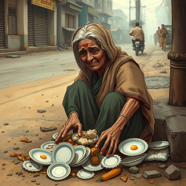 A sad elderly woman, Bhudi Kaki, depicted in a traditional Indian setting, struggling to find food from a pile of discarded plates (झूठी पत्तल) and waste