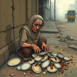 A sad elderly woman, Bhudi Kaki, depicted in a traditional Indian setting, struggling to find food from a pile of discarded plates (झूठी पत्तल) and waste
