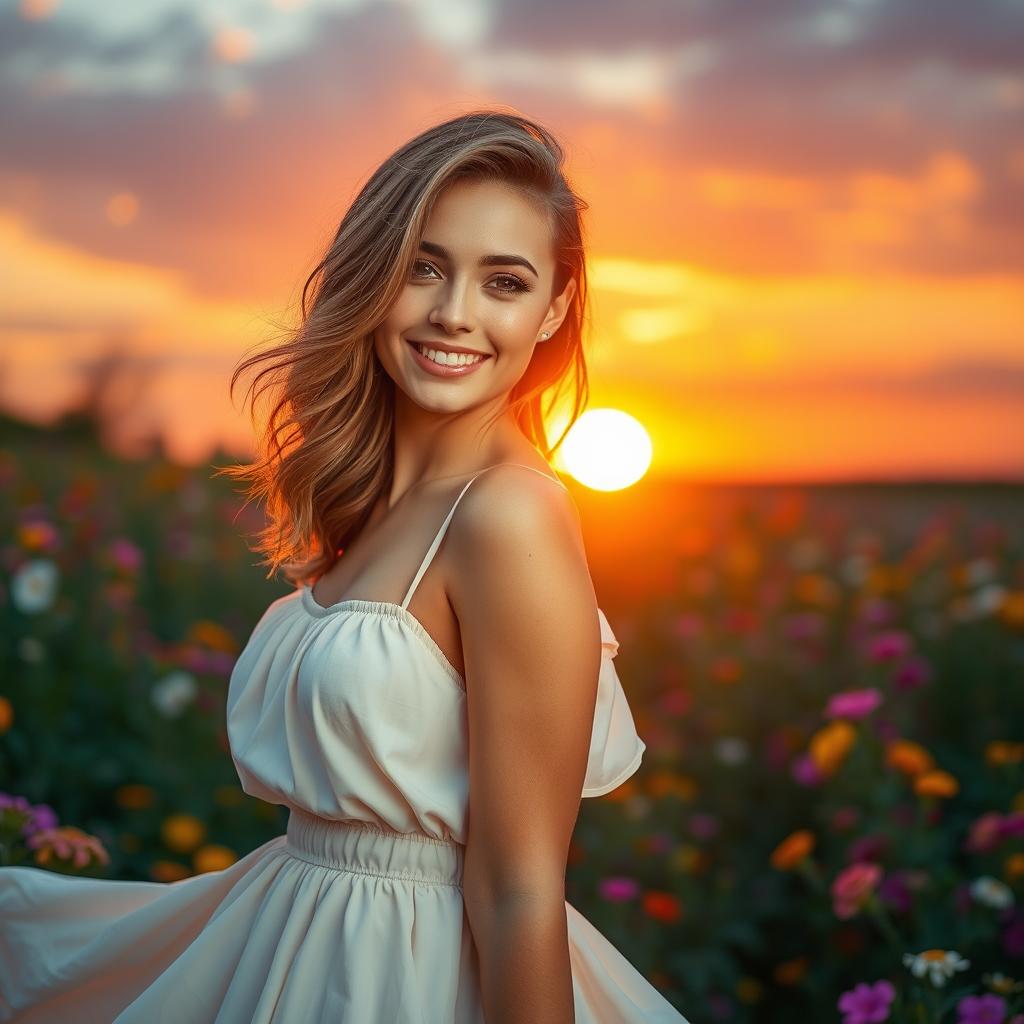 A stunningly beautiful woman posing in a vibrant sunset background, wearing a fashionable summer dress that elegantly flows in the gentle breeze