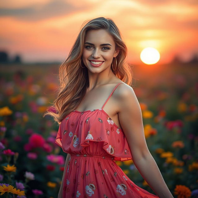 A stunningly beautiful woman posing in a vibrant sunset background, wearing a fashionable summer dress that elegantly flows in the gentle breeze