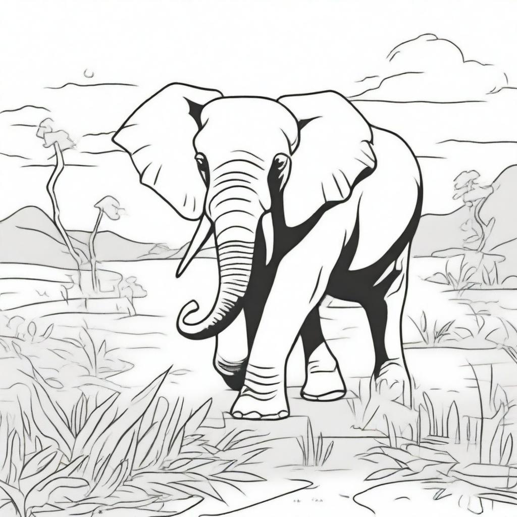 An elephant happily walking through the savannah, suitable for a colouring book page