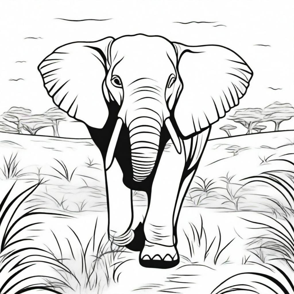 An elephant happily walking through the savannah, suitable for a colouring book page