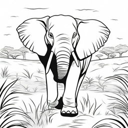 An elephant happily walking through the savannah, suitable for a colouring book page