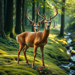 A majestic deer standing gracefully in a lush green forest, surrounded by tall trees with sunlight filtering through the leaves