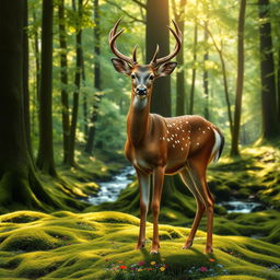 A majestic deer standing gracefully in a lush green forest, surrounded by tall trees with sunlight filtering through the leaves