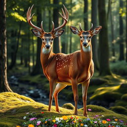 A majestic deer standing gracefully in a lush green forest, surrounded by tall trees with sunlight filtering through the leaves