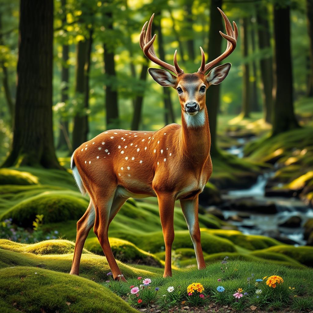 A majestic deer standing gracefully in a lush green forest, surrounded by tall trees with sunlight filtering through the leaves