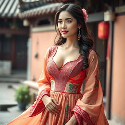 A stunning woman wearing a traditional dress that elegantly highlights her cleavage, adorned with intricate patterns and vibrant colors