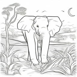 An elephant happily walking through the savannah, suitable for a colouring book page