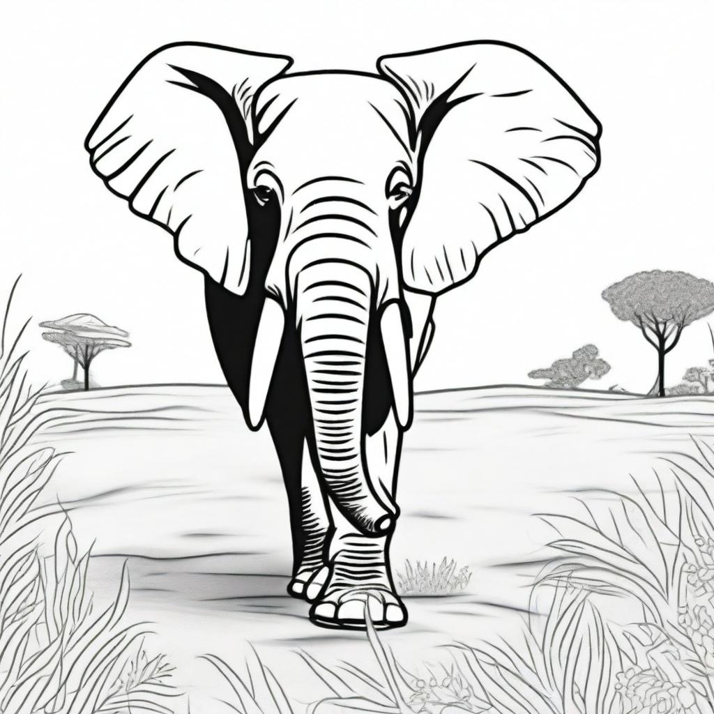 An elephant happily walking through the savannah, suitable for a colouring book page