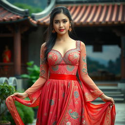 A stunning woman wearing a traditional dress that elegantly highlights her cleavage, adorned with intricate patterns and vibrant colors
