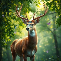 A majestic deer standing proudly in a lush green forest, its antlers adorned with glittering jewels and surrounded by a mystical aura