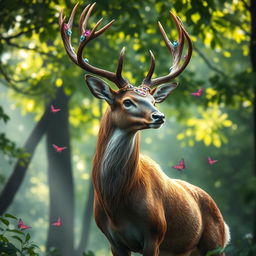 A majestic deer standing proudly in a lush green forest, its antlers adorned with glittering jewels and surrounded by a mystical aura