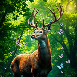 A majestic deer standing proudly in a lush green forest, its antlers adorned with glittering jewels and surrounded by a mystical aura