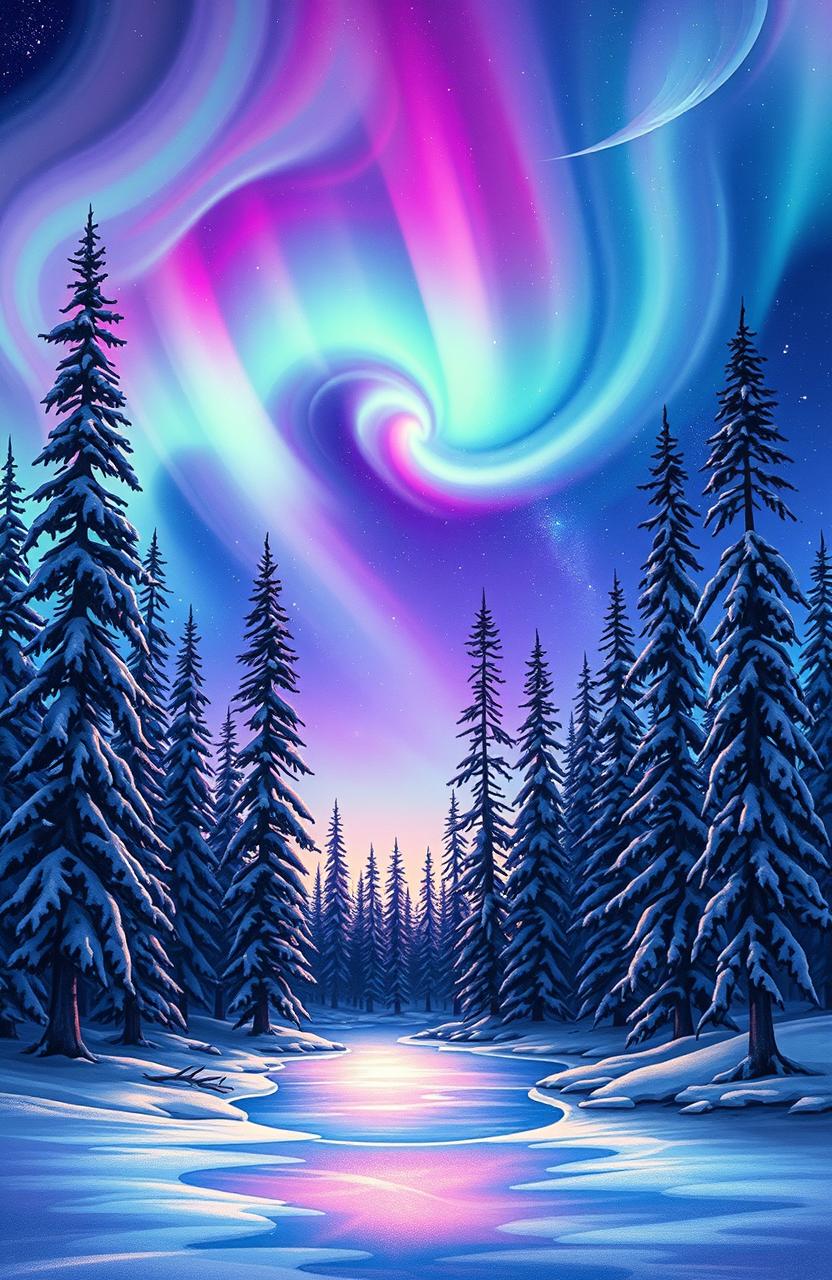 A seamless continuation of a stunning front page illustration featuring a breathtaking northern lights display over a serene landscape