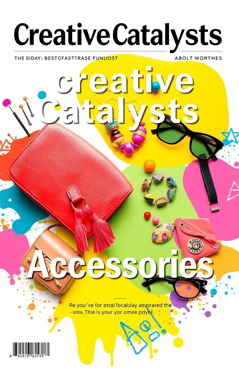 A vibrant and artistic cover page titled “Creative Catalysts Accessories” featuring a visually engaging design that includes colorful and unique accessories such as a stylish handbag, artistic jewelry, and fashionable eyewear