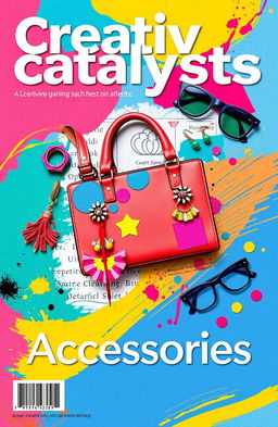 A vibrant and artistic cover page titled “Creative Catalysts Accessories” featuring a visually engaging design that includes colorful and unique accessories such as a stylish handbag, artistic jewelry, and fashionable eyewear