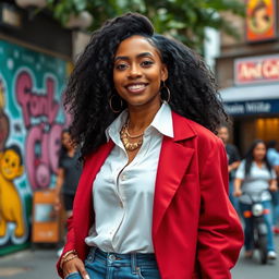 A 35-year-old woman of African descent with thick black hair, elegantly dressed in stylish contemporary clothing that reflects cultural influences