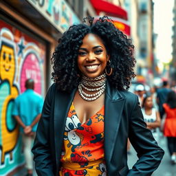 A 35-year-old woman of African descent with thick black hair, elegantly dressed in stylish contemporary clothing that reflects cultural influences