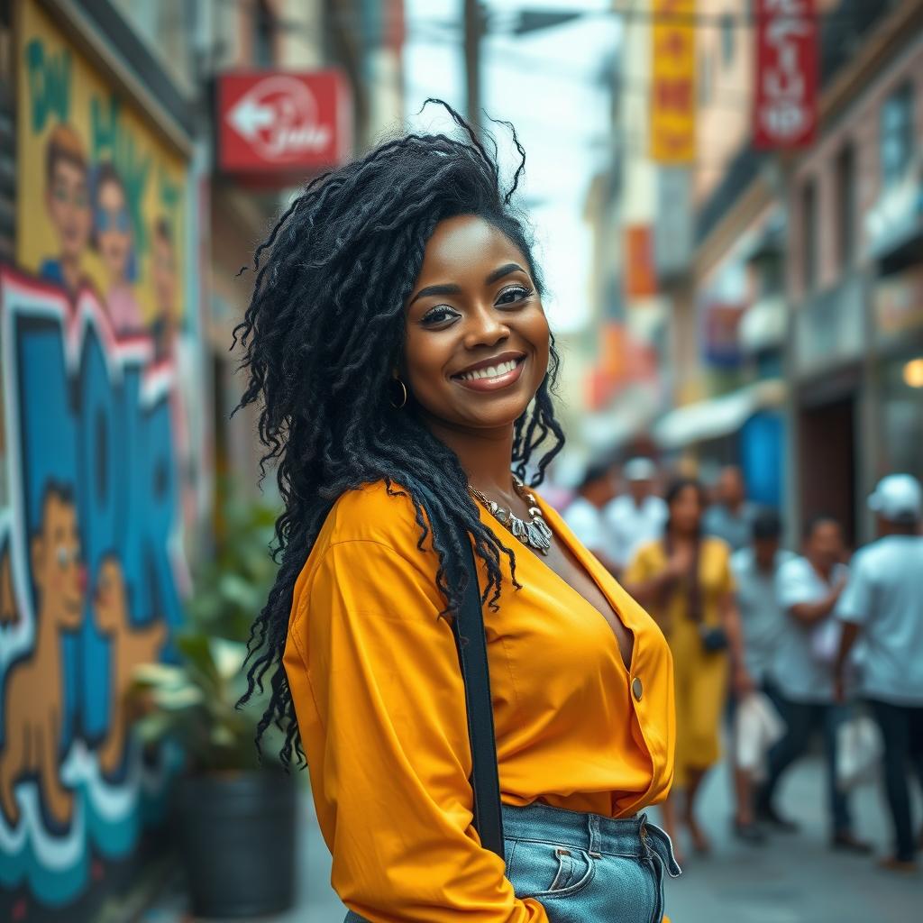 A 35-year-old woman of African descent with thick black hair, elegantly dressed in stylish contemporary clothing that reflects cultural influences