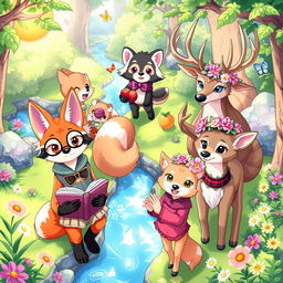 A vibrant and colorful anime-style illustration of various anthropomorphic animals, each showcasing unique personalities and traits