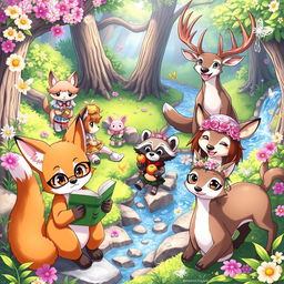 A vibrant and colorful anime-style illustration of various anthropomorphic animals, each showcasing unique personalities and traits
