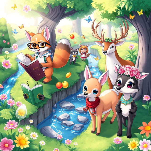 A vibrant and colorful anime-style illustration of various anthropomorphic animals, each showcasing unique personalities and traits