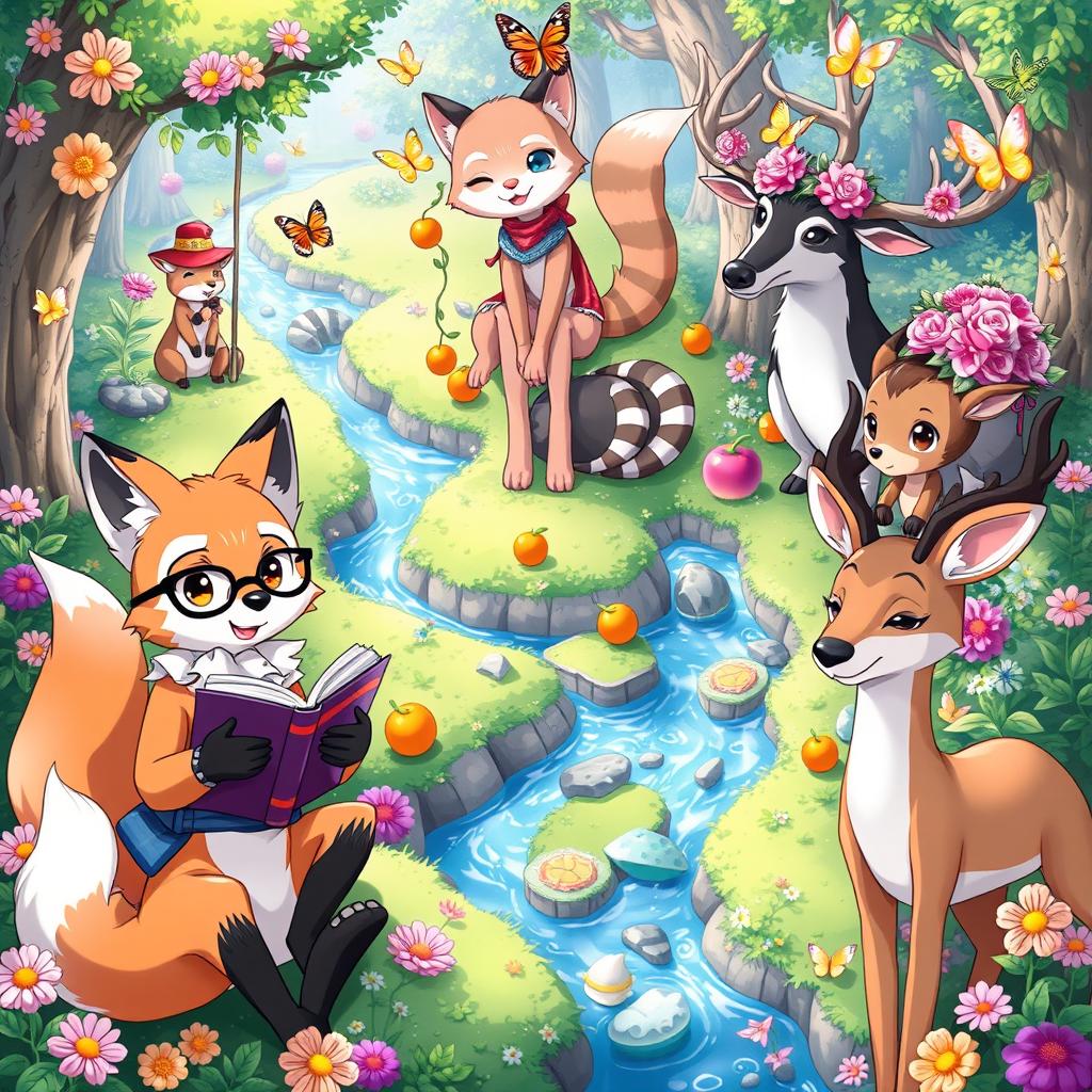 A vibrant and colorful anime-style illustration of various anthropomorphic animals, each showcasing unique personalities and traits