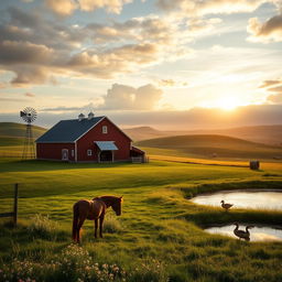 A serene and picturesque farm landscape at sunrise, featuring a rich, golden sky with soft, fluffy clouds