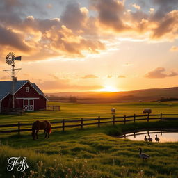 A serene and picturesque farm landscape at sunrise, featuring a rich, golden sky with soft, fluffy clouds